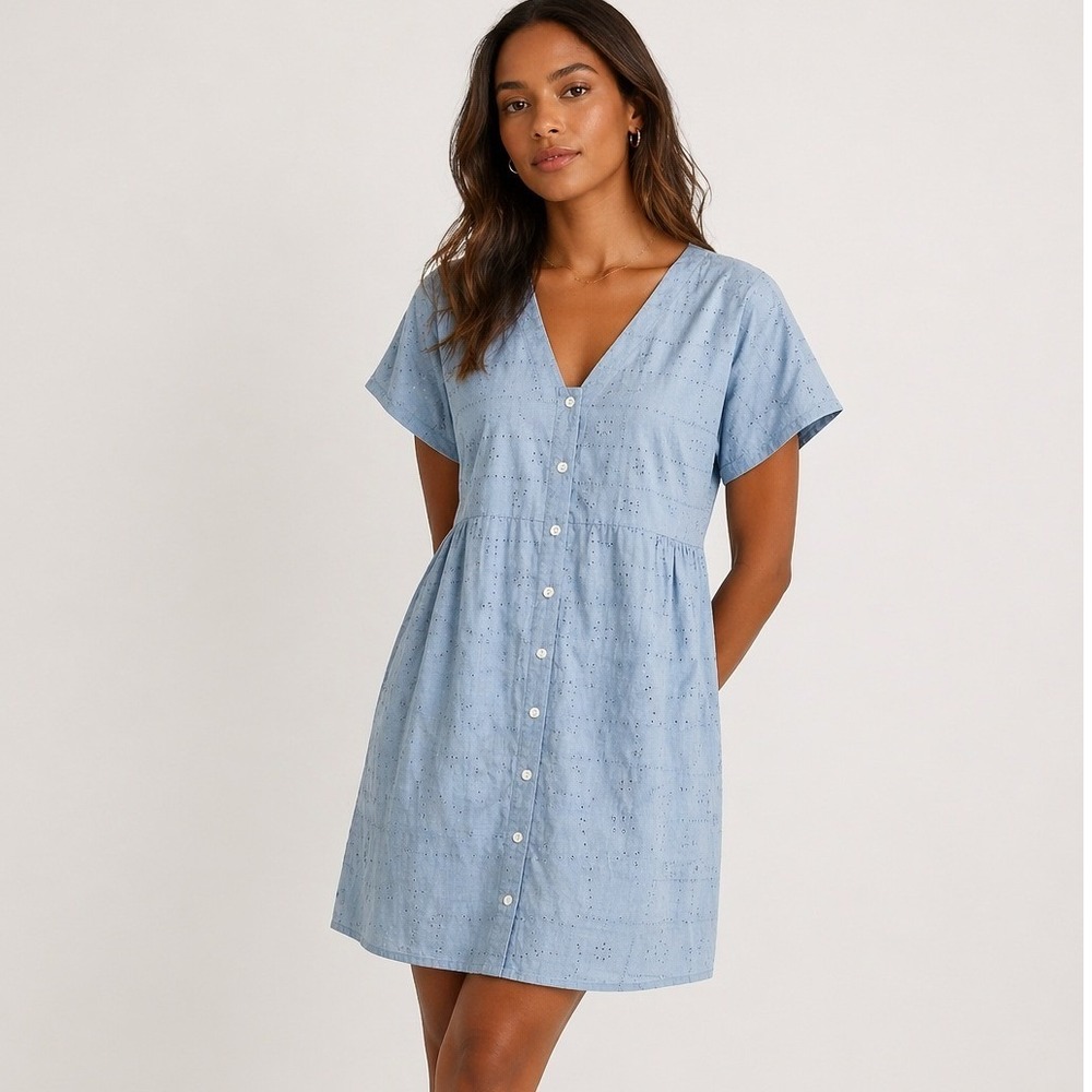 Madewell Eyelet Button Front Mini Dress Blue Tranquil Lake Womens Large Boho